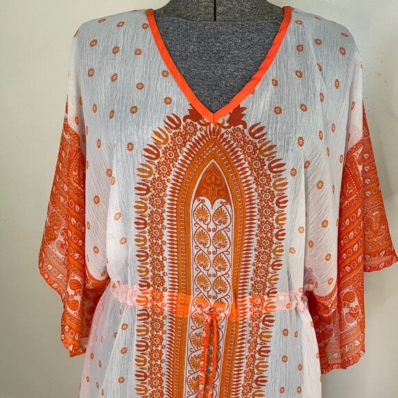 Khushbu orange and white short caftan coverup, one size - Picture 3 of 5